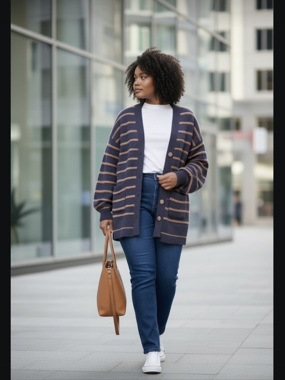 Lumiere Navy & Tan Striped Button Cardigan- Oversized Medium